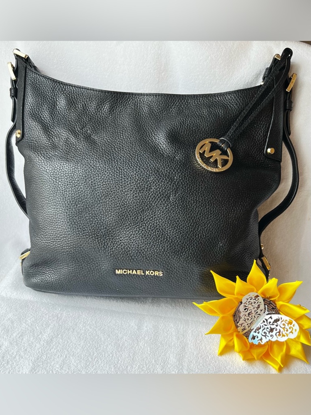 Michael Kors Black Pebbled Leather Shoulder Bag with Gold Hardware